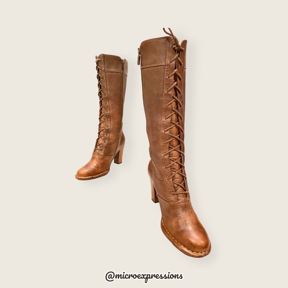 Vintage Frye Villager Brown Leather Knee High Tall Heeled Zip Up Lace Up Boots